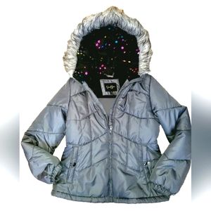 Jessica Simpson Girls Gray Quilted Hooded Faux Trim Puffer Coat Warm Sz M 10-12
